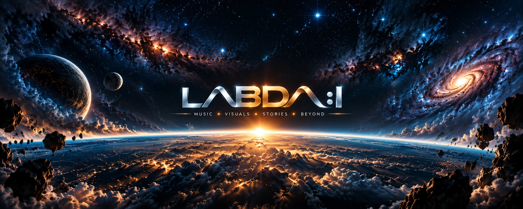 LABDA:I — Music, Visuals, Stories, Beyond. The cosmic horizon, with stars, planets and galaxies.